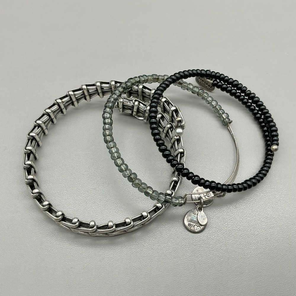 Alex and Ani Bracelet Set Women Silver Black Beaded Bangle Wrap Charm Jewelry